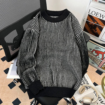 AIDASE  -  Autumn Winter Male Striped Sweater Round Neck Versatile Lazy Style Loose Drop Shoulder Men Knitted Pullover Tops 21E7594 aidase-shop